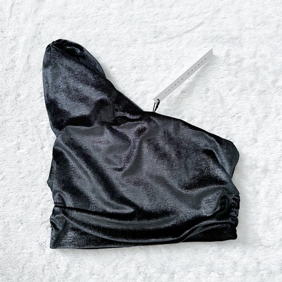 NWT- SUSANA MONACO Revolve One Arm Crop Top in Metallic Black - Picture 4 of 13